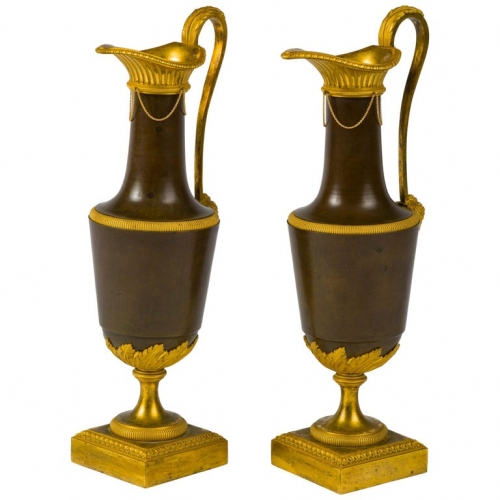 Pair of Directoire Gilt and Patinated Bronze Ewers